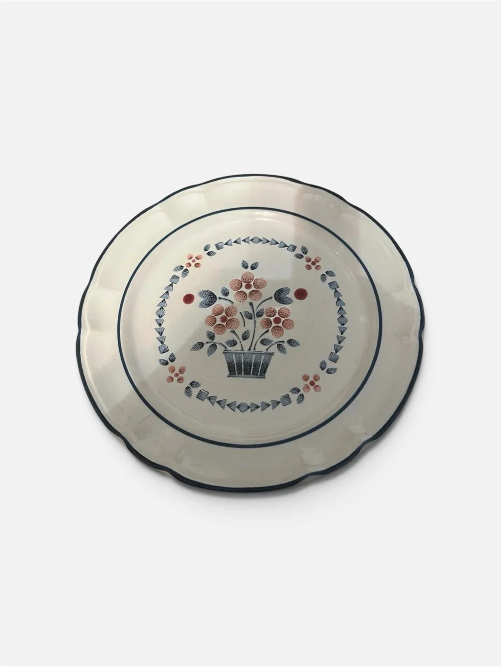 Cream Floral Dinner Plate with Blue Trim and Coral Accents